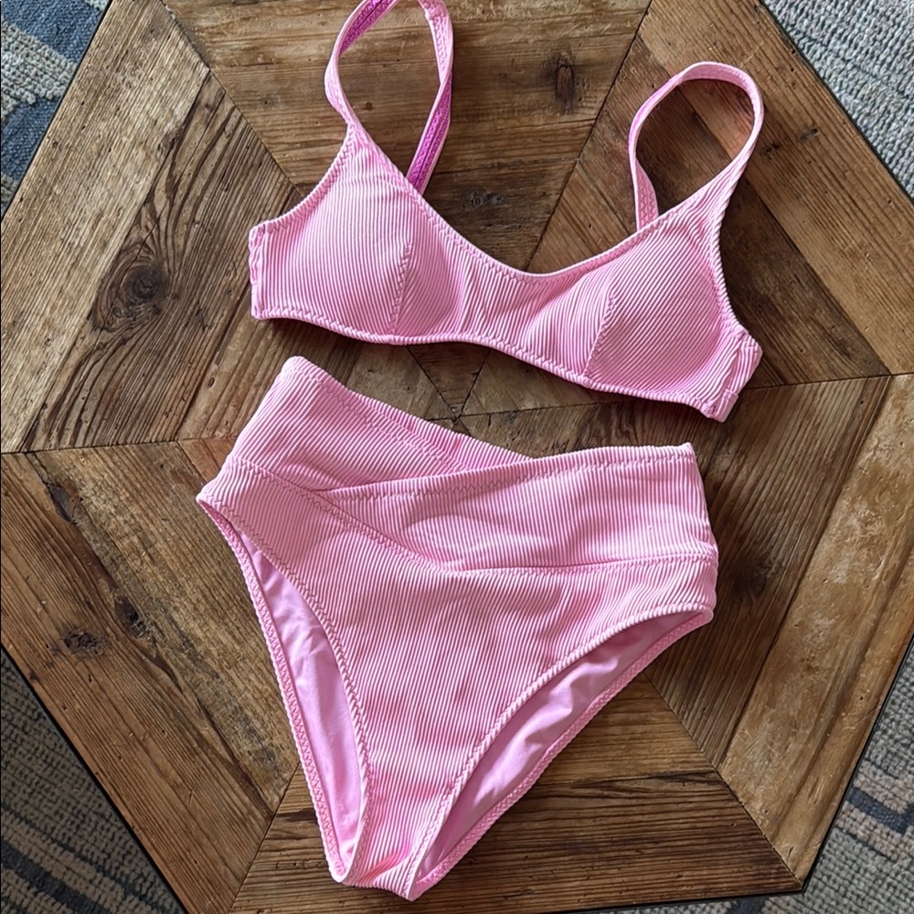 Fabletics Pink Ribbed High Waisted Bikini